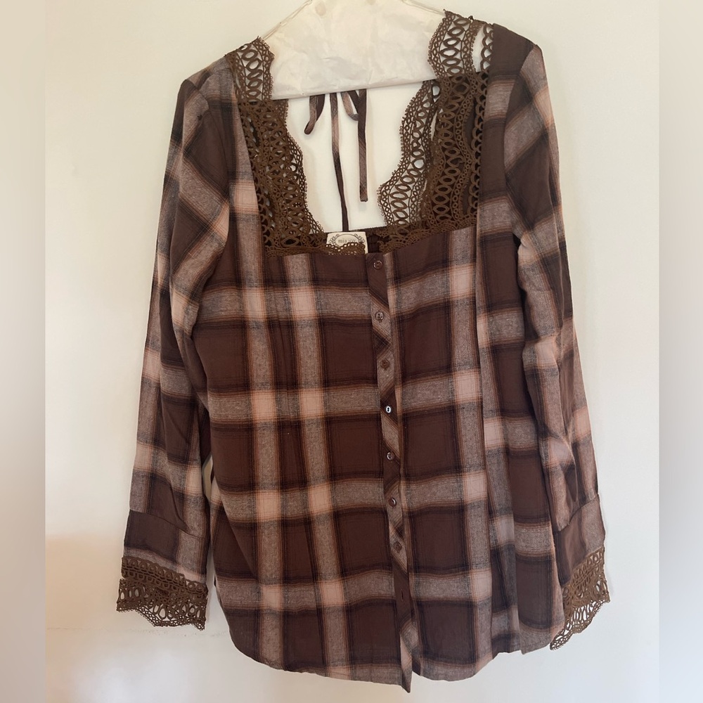 Joyfolie Lace Autumn Top in Brown Plaid Flannel Top Size Large
